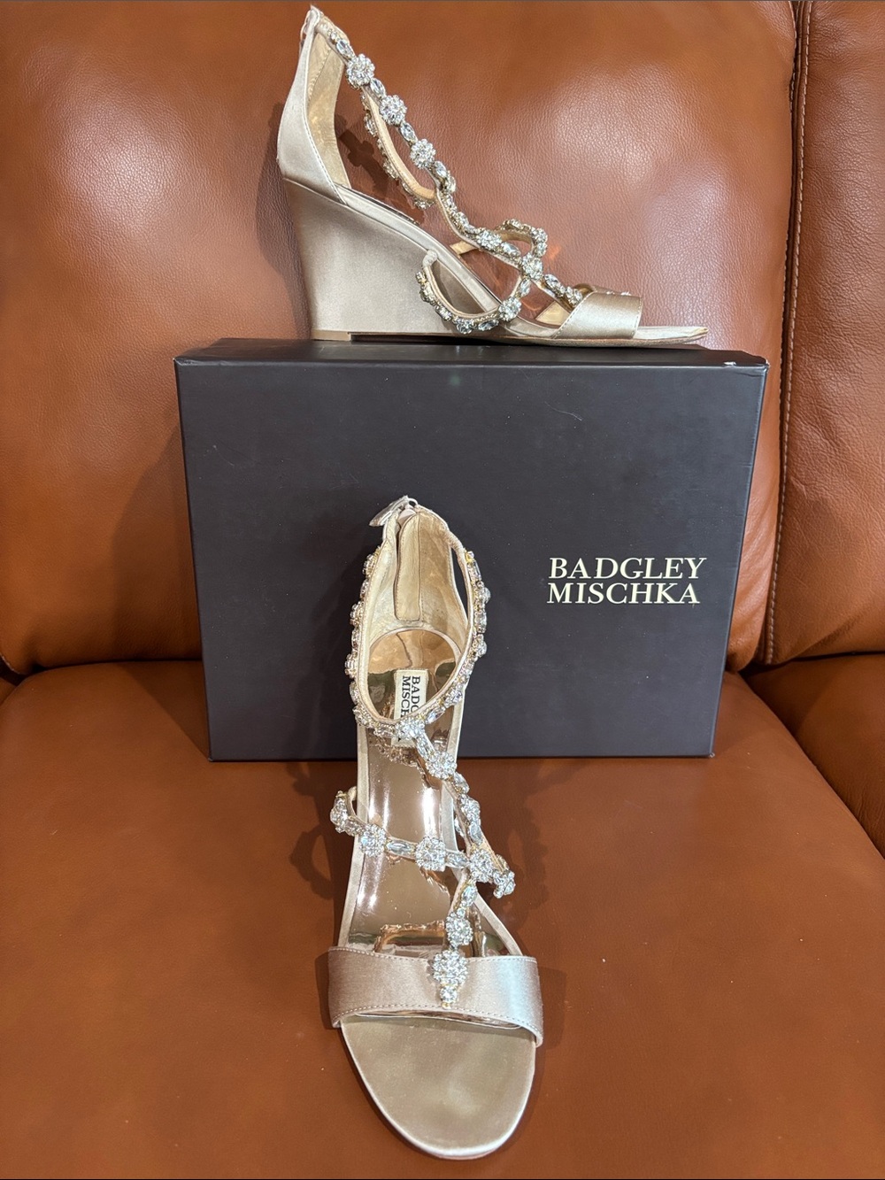 Badgley Mischka Champagne Satin Crystal Embellished Wedges